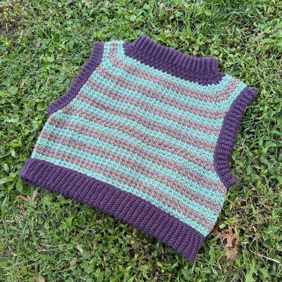 Handmade Tan and Green Striped Crochet Vest - Picture 2 of 5